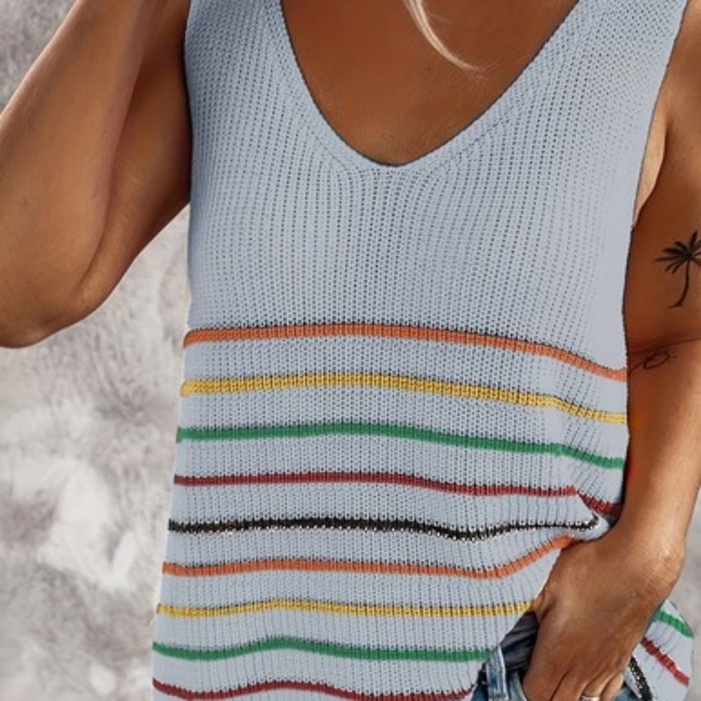 🆕Woven Knit Gray Multicolor Stripe Sleeveless Sweater Tank Top V-Neck XL